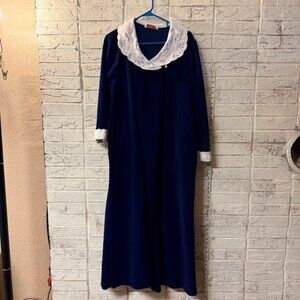 Vintage Vanity Fair Navy Blue House Dress L USA Made Lace Collar Nightgown